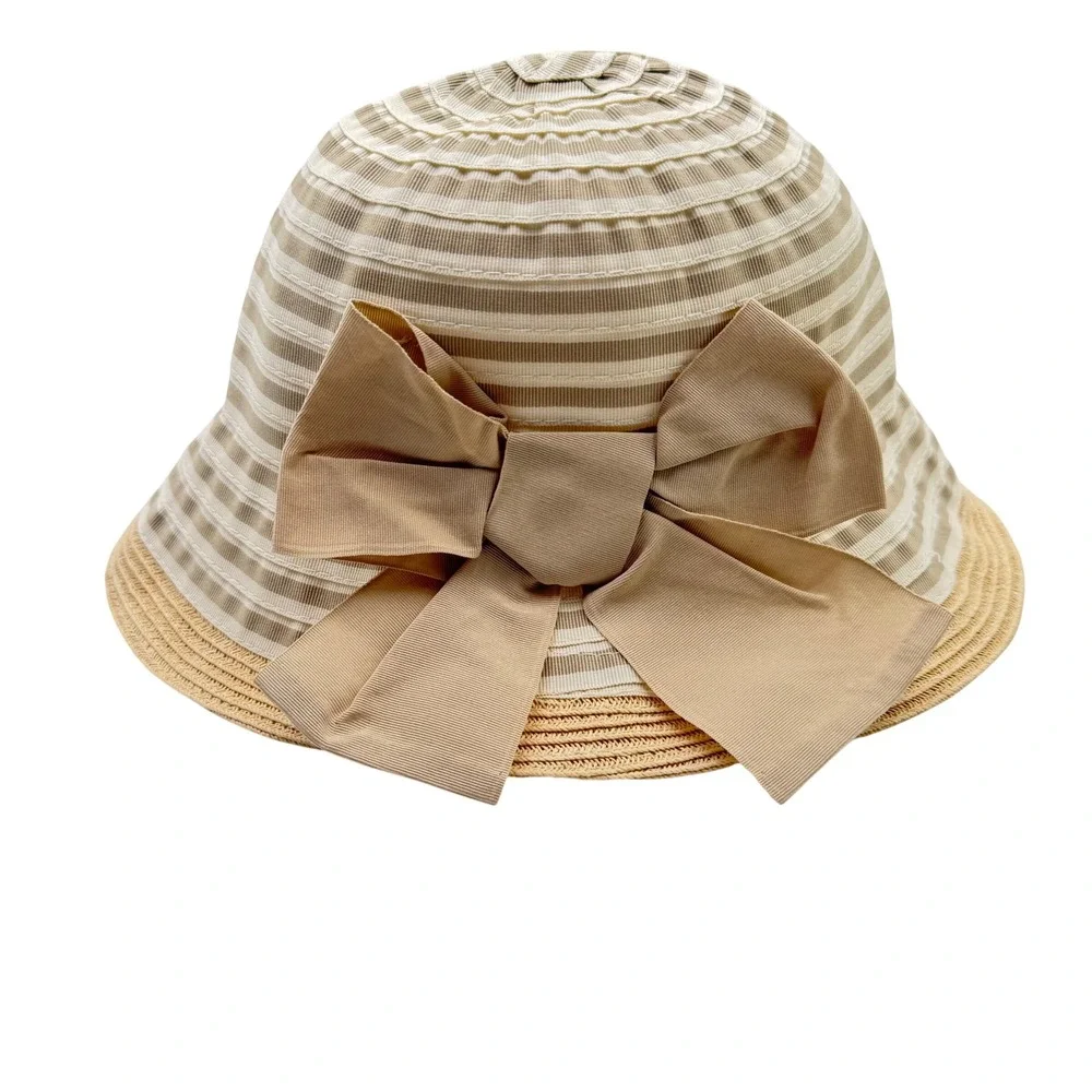 Girls Sun Hat Beige Striped Oversized Bow Character Label 50cm Boutique
